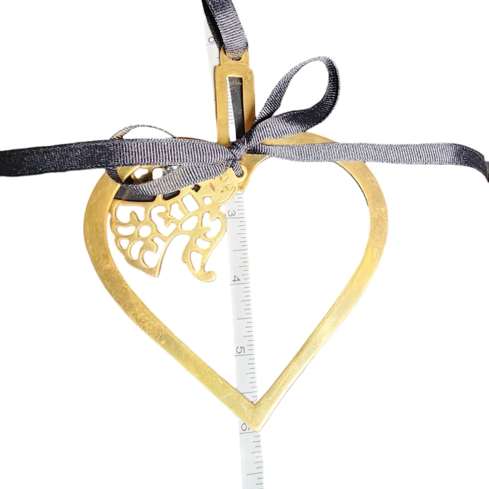 Vintage Brass Heart With Center Angel & Black‎ Ribbon Christmas Ornament 6